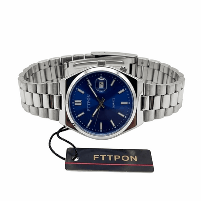 Fitpon waterproof men's fashion watch, blue dial with steel link bracelet