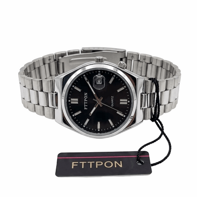 Fitpon waterproof men's fashion watch, black dial with stainless steel link bracelet