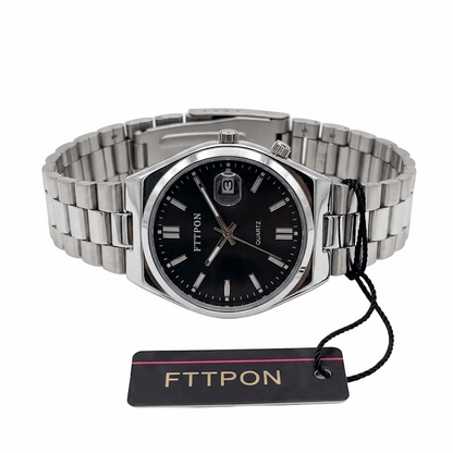 Fitpon waterproof men's fashion watch, black dial with stainless steel link bracelet