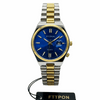 Two-tone men’s quartz wristwatch with bright blue dial, gold markers, metal bracelet.