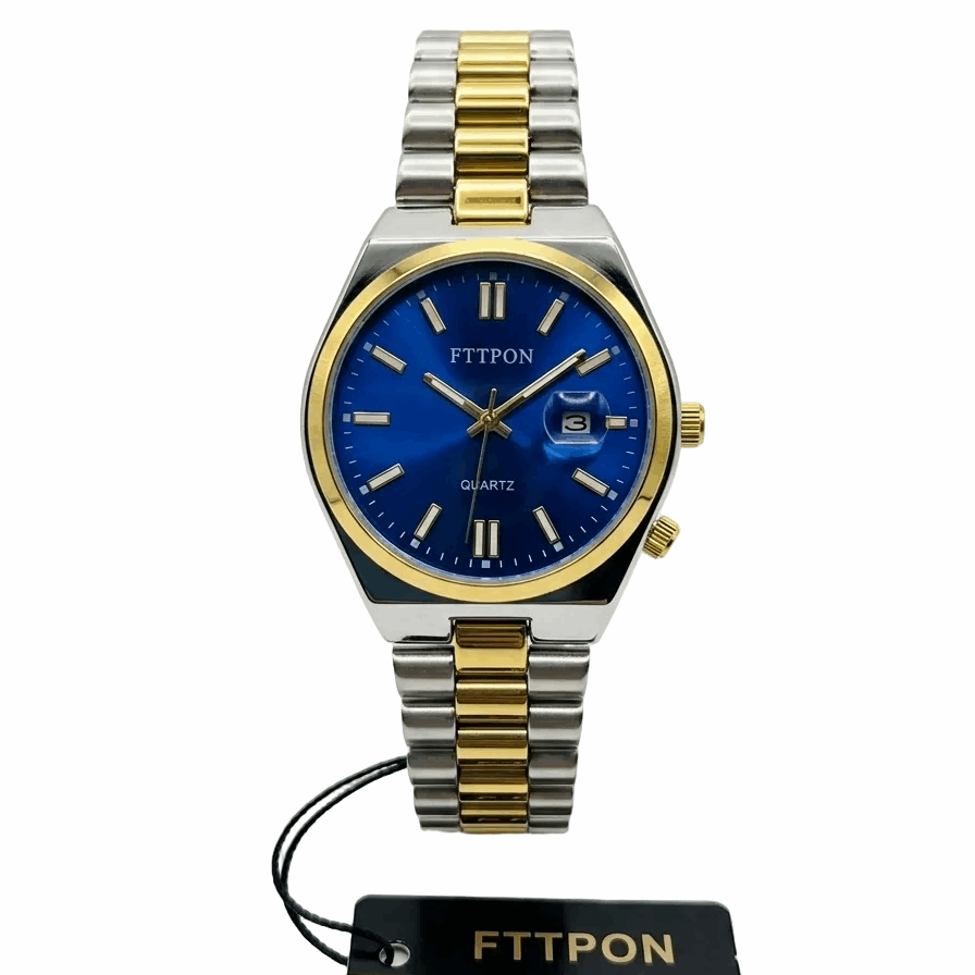 Two-tone men’s quartz wristwatch with bright blue dial, gold markers, metal bracelet.