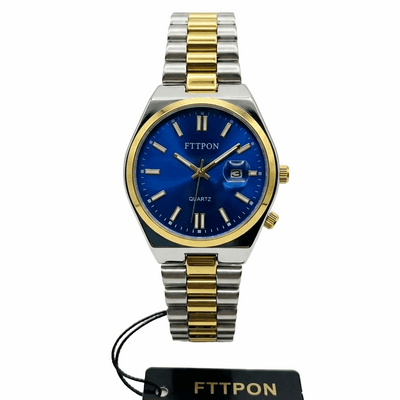 Two-tone men’s quartz wristwatch with bright blue dial, gold markers, metal bracelet.