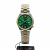 Two-tone men’s quartz wristwatch with green dial, gold markers, metal bracelet.