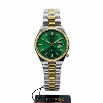 Two-tone men’s quartz wristwatch with green dial, gold markers, metal bracelet.