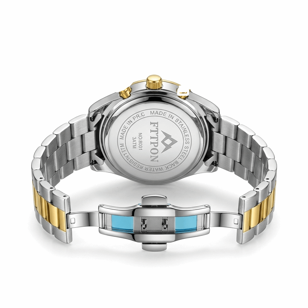 Two-tone men’s quartz wristwatch with dark blue dial, gold accents, metal bracelet.