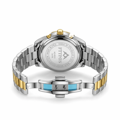 Two-tone men’s quartz wristwatch with stainless-steel back and link bracelet.