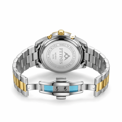 Two-tone men’s quartz wristwatch with stainless-steel back and link bracelet.
