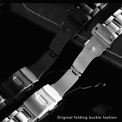 Black smartwatch-style strap with folding buckle detail and metal clasp