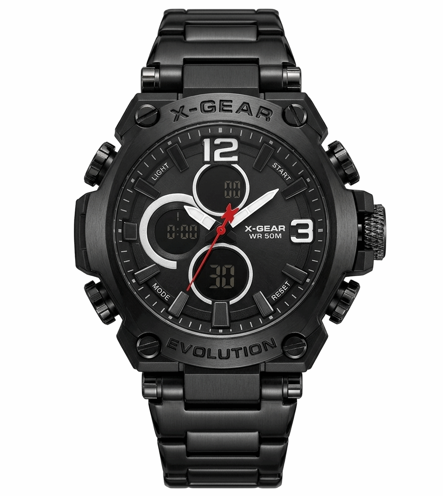Black dual-time waterproof wristwatch with multi-dial face and red seconds hand