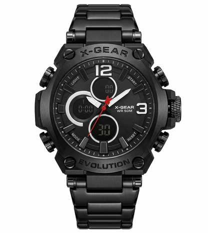 Black dual-time waterproof wristwatch with multi-dial face and red seconds hand