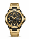 Gold dual-time waterproof wristwatch with black dial and gold link bracelet
