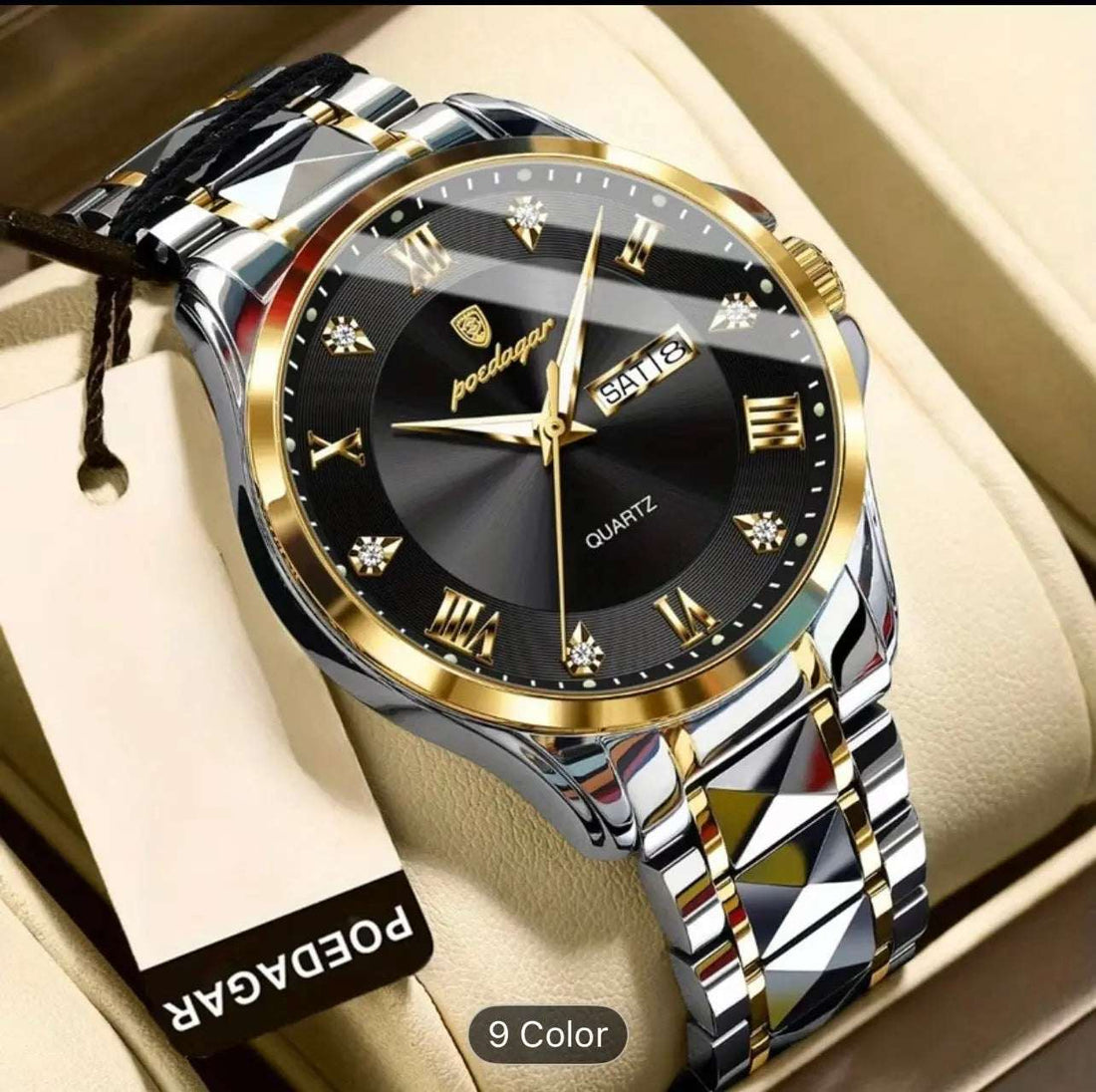 Men's diamond-cut waterproof wristwatch with blue dial and silver metal bracelet