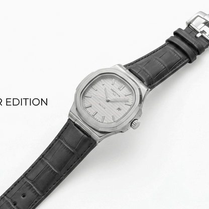 Martyn Master Lock men’s watch with silver case, black leather strap, and white dial