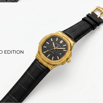 Martyn Master Lock men’s watch with gold-tone case, black leather strap, and black dial