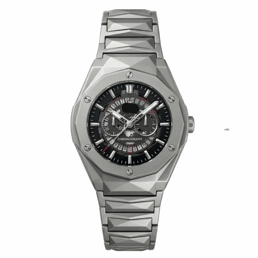 Diamond-cut stainless steel chronograph watch, black dial, three subdials