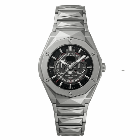 Diamond-cut stainless steel chronograph watch, black dial, three subdials