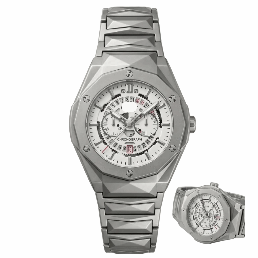 Diamond-cut stainless steel chronograph watch, black dial, three subdials