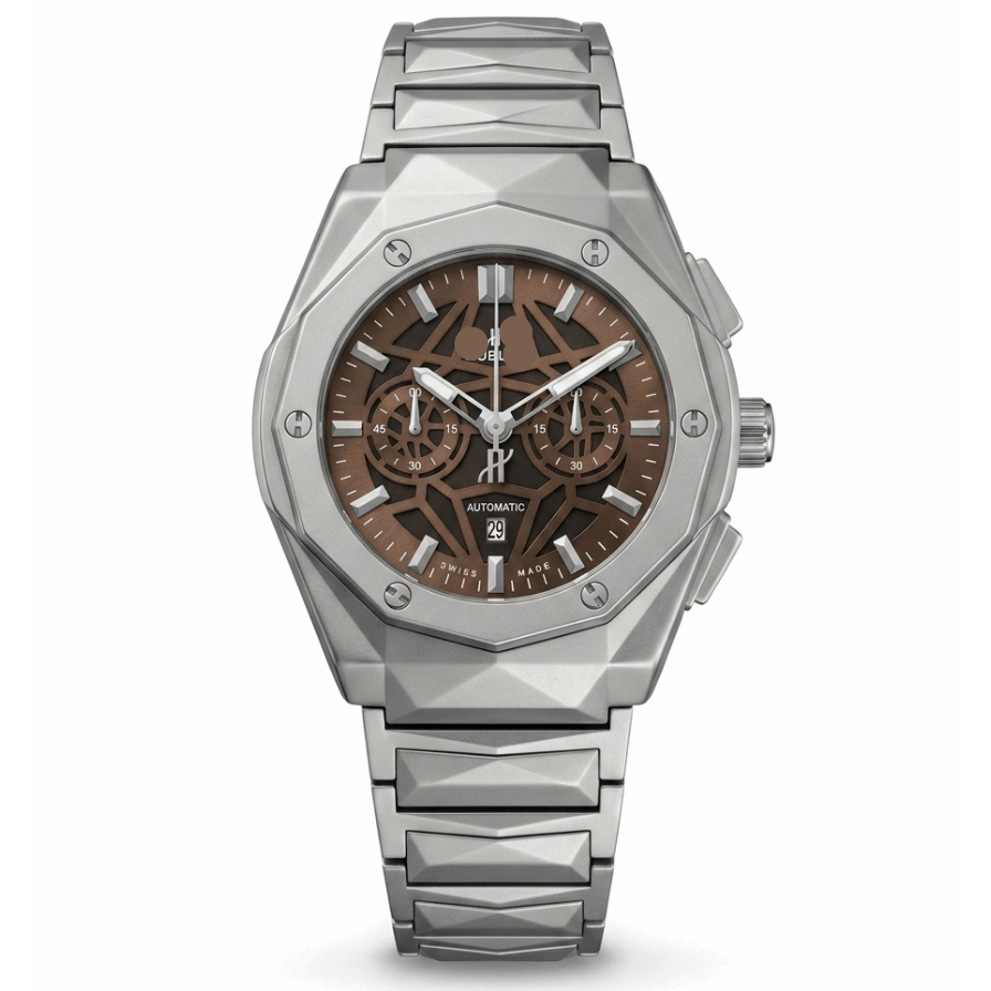 HB-lot Sami auto diamond-cut metal wristwatch with brown chronograph dial