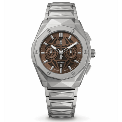 HB-lot Sami auto diamond-cut metal wristwatch with brown chronograph dial