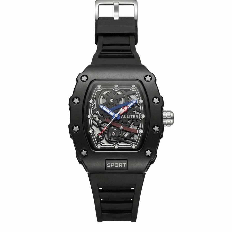 Men's sport skeleton watch with black silicone strap and black dial