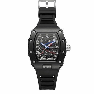 Men's sport skeleton watch with black silicone strap and black dial