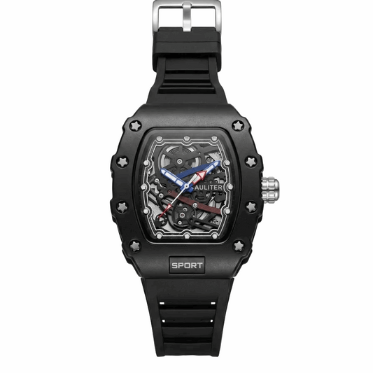 Men's sport skeleton watch with black silicone strap and black dial