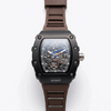 Men's sport skeleton watch with brown silicone strap and dark dial