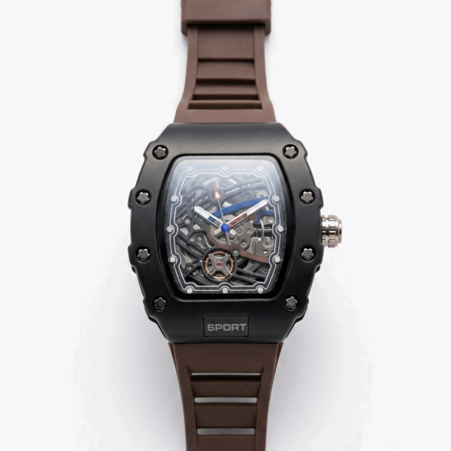 Men's sport skeleton watch with black silicone strap and black dial