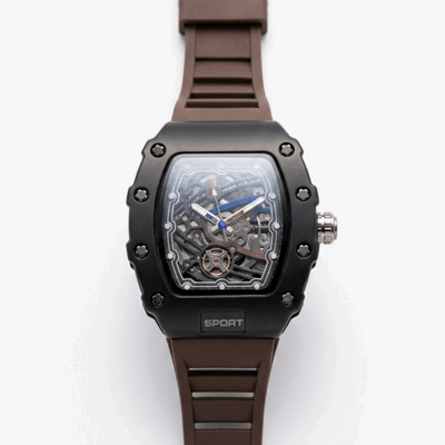 Men's sport skeleton watch with brown silicone strap and dark dial