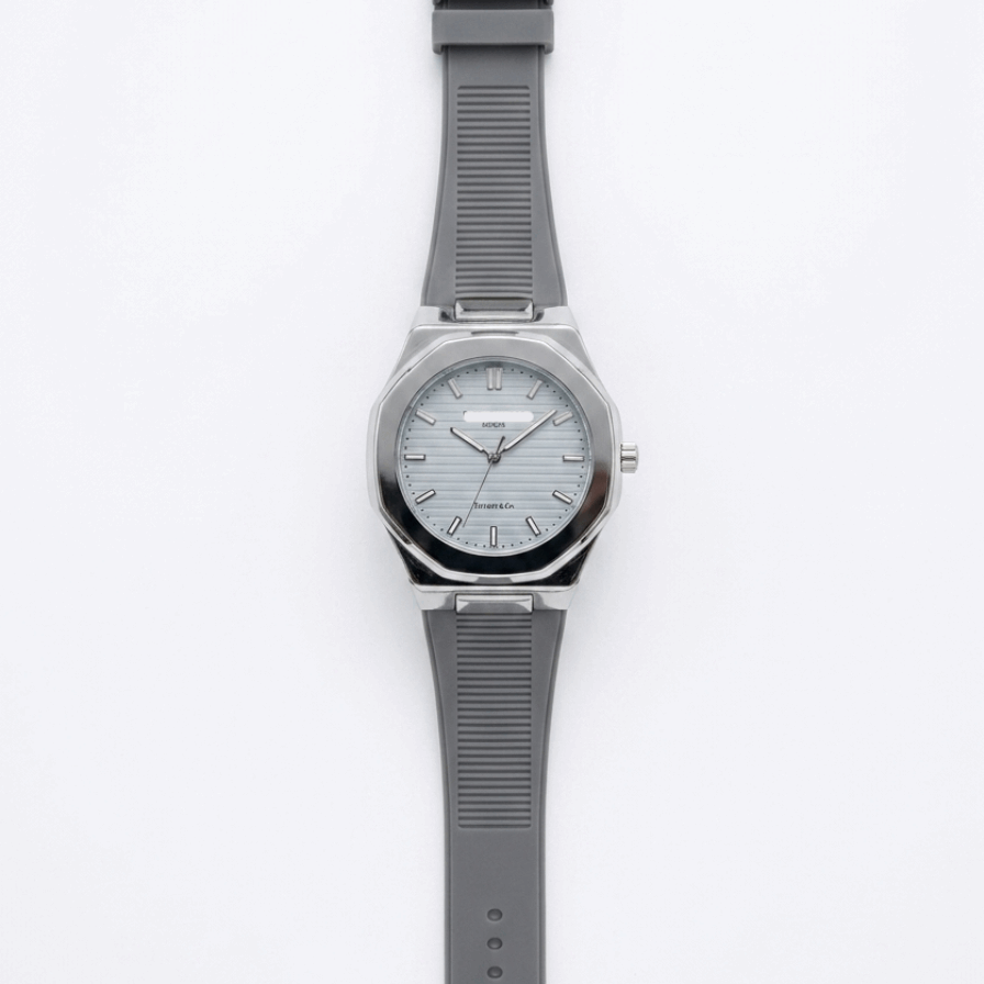Men's silicone strap watch with light grey dial and ridged grey rubber band, silver case