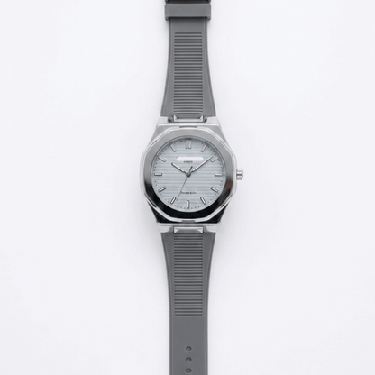 Men's silicone strap watch with light grey dial and ridged grey rubber band, silver case