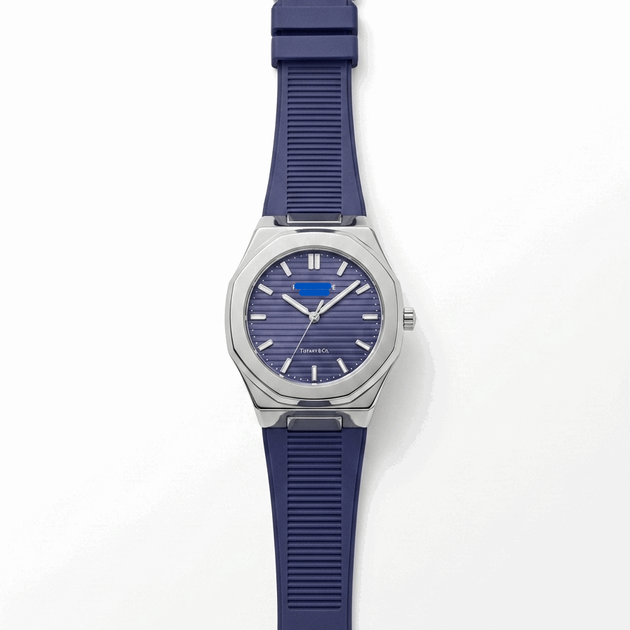 Men's silicone strap watch with blue dial and ridged navy rubber band, silver case
