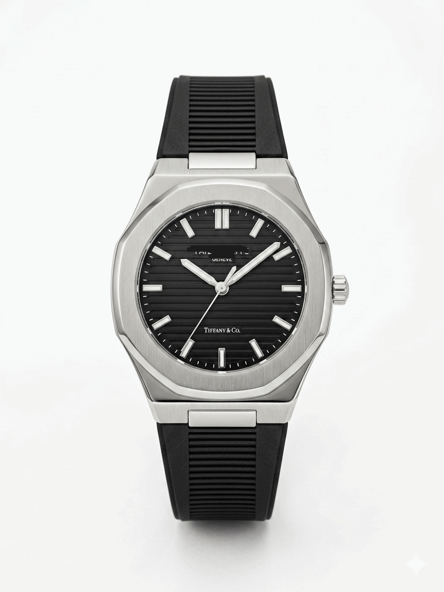 Men's silicone strap watch with black dial and ridged black rubber band, silver case