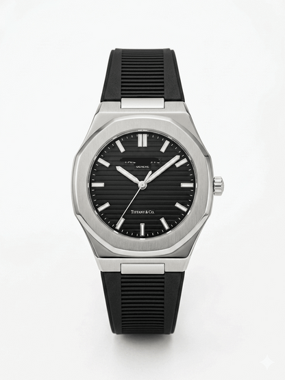Men's silicone strap watch with black dial and ridged black rubber band, silver case