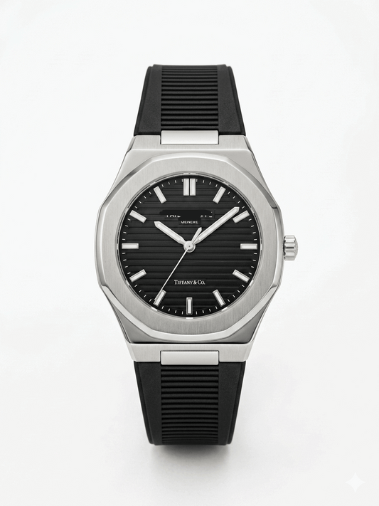 Men's silicone strap watch with black dial and ridged black rubber band, silver case