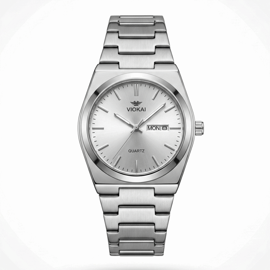 Viokai men's waterproof quartz watch with silver dial and metal link bracelet
