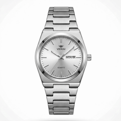 Viokai men's waterproof quartz watch with silver dial and metal link bracelet