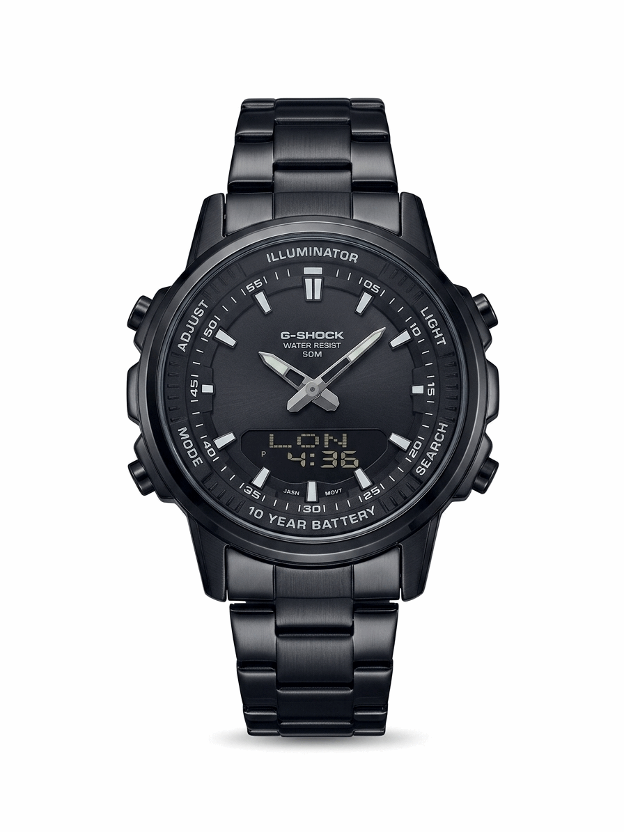 Black G-Shock world time dual-time wristwatch with metal bracelet and illuminated dial