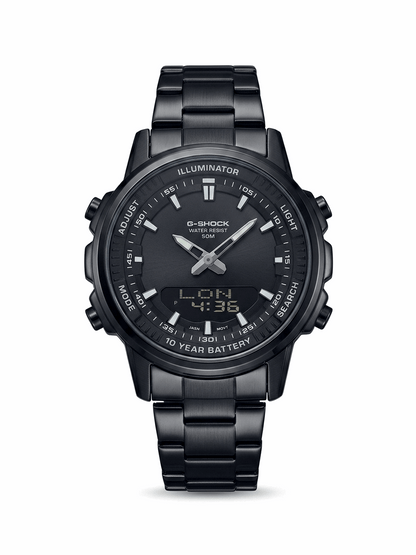 Black G-Shock world time dual-time wristwatch with metal bracelet and illuminated dial