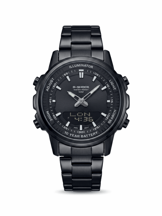 Black G-Shock world time dual-time wristwatch with metal bracelet and illuminated dial