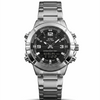 Silver stainless steel wristwatch with black dial, luminous markers and 3-hand layout.