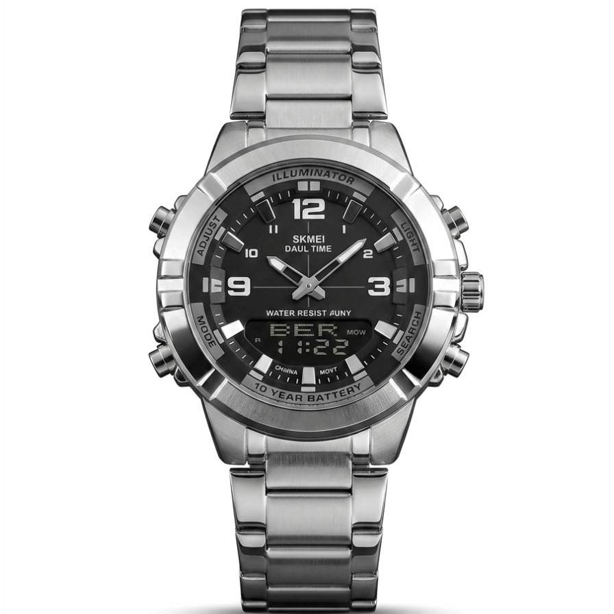 Black stainless steel wristwatch with black dial, luminous markers and 3-hand layout.