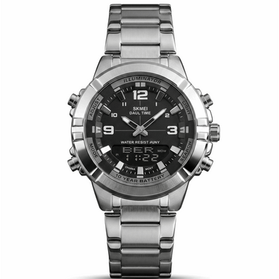 Silver stainless steel wristwatch with black dial, luminous markers and 3-hand layout.