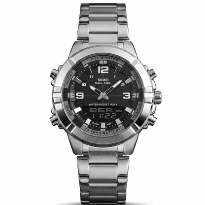 Silver stainless steel wristwatch with black dial, luminous markers and 3-hand layout.