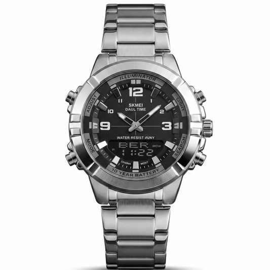Silver stainless steel wristwatch with black dial, luminous markers and 3-hand layout.