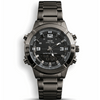Black stainless steel wristwatch with black dial, luminous markers and 3-hand layout.