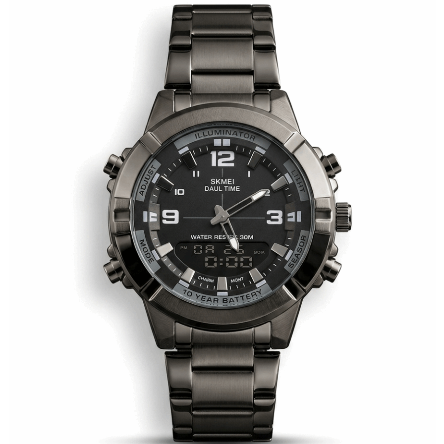 Black stainless steel wristwatch with black dial, luminous markers and 3-hand layout.