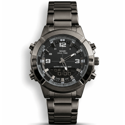 Black stainless steel wristwatch with black dial, luminous markers and 3-hand layout.