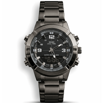 Black stainless steel wristwatch with black dial, luminous markers and 3-hand layout.