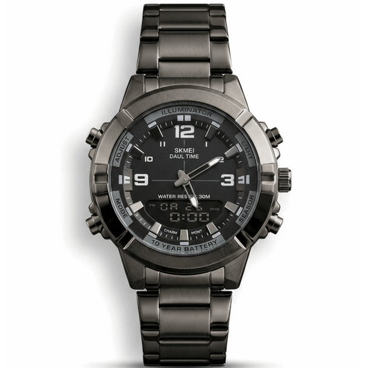 Black stainless steel wristwatch with black dial, luminous markers and 3-hand layout.